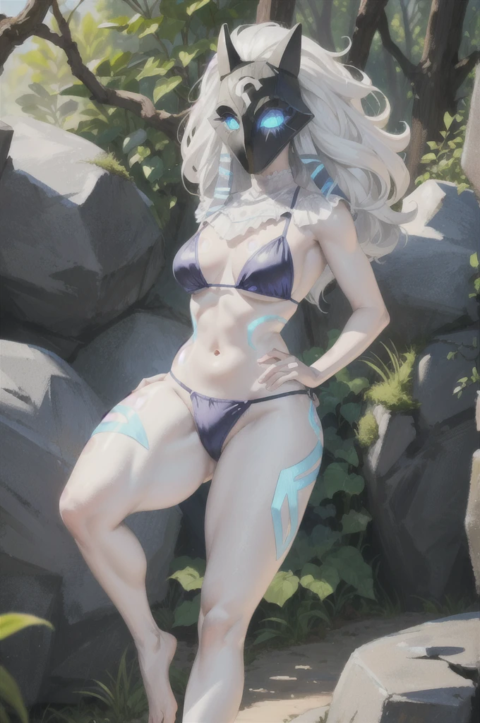 ((Cinematic light, Best quality, 8k, Masterpiece :1.3)), 1girl, Beautiful woman, (white hair, large breasts:1.3), rope panties, bra :1.2, hopefully falling, seductive open lips,1girl, standing, full body, hairy female, body hair, (white hair, white skin:1.1), chest tuft, digitigrade, white hair, long hair, black mask, (blue eyes, bright eyes:1.4),  small breasts, BREAK nature, jungle, magical forest, fantasy forest, grass, purple leaves, plants, bright flowers, rocks, day, sexy, showing off, showing armpits, ((nsfw)), ((sexual teasing)), ((((see through bikini))), (((mask covering part of the face))), ((thin waist)), skinny, bodycon, nip slip, pantyshot