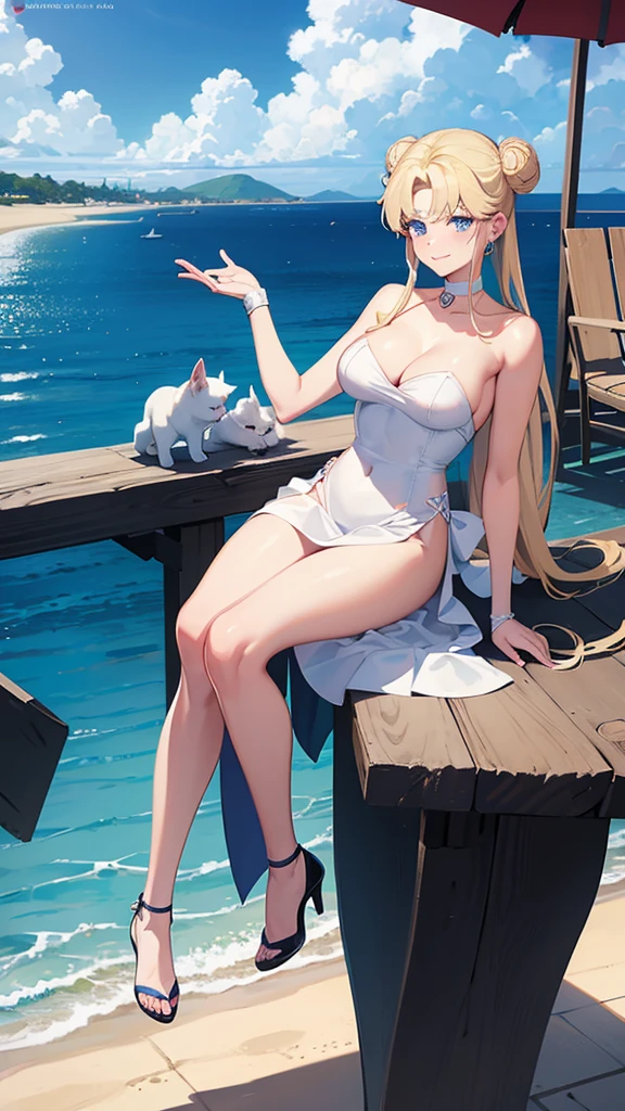 Adult woman blonde hair, blue eyes, two buns, rostro en forma de corazón con vestido de encaje rojo con zapatos de tacón de pie parecida a Usagi Tsukino personaje de Sailor Moon a punto de besarse con Mamoru Chiba hombre adulto fuerte con cabello negro y blue eyes, confident smile, handsome man in gray suit with a beach house and the sea in the background