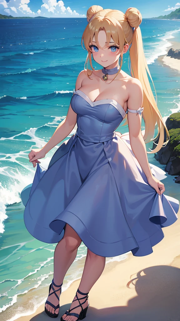 Adult woman blonde hair, blue eyes, two buns, rostro en forma de corazón con vestido de encaje rojo con zapatos de tacón de pie parecida a Usagi Tsukino personaje de Sailor Moon a punto de besarse con Mamoru Chiba hombre adulto fuerte con cabello negro y blue eyes, confident smile, handsome man in gray suit with a beach house and the sea in the background 