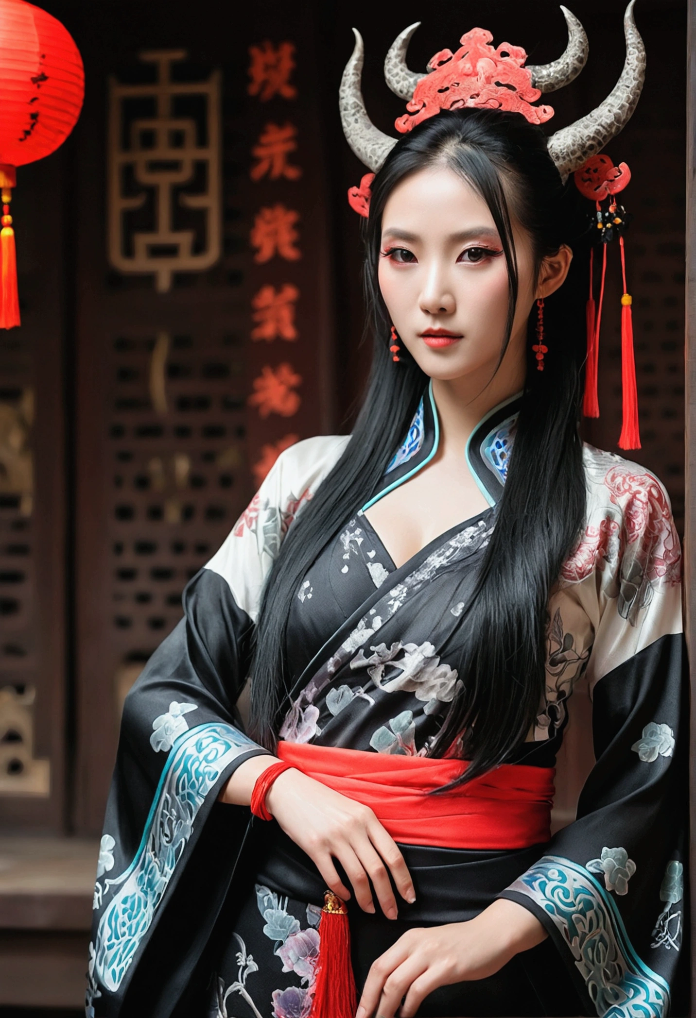 几个性感美艳的Demon Cult妖女完全堕落的形象。Wearing sexy Hanfu。Full body image with black as the main color。Make the characters more fleshed out。Want sexy Hanfu full body portrait of Chinese ancient costume fairy elements real photography style，Xianxia scene。Emphasis on real-life photography style。Based on real actors。The scene can be a palace，Demon Cult，battlefield。Restaurant。Costume matching。To look voluptuous, sexy, mysterious and decadent。To let people know at a glance that these people are bad women and villains。Is decadent and corrupt，只知享受醉生梦死的Demon Cult妖女。Makeup should be charming。Snake tattoos or skull tattoos can be added to the exposed skin appropriately.。The background can be designed with some flashy, extravagant and decadent atmosphere。The generated work requires the whole body to be perfectly reflected from hair to toes。Note that there should be at least two characters in the group portrait。