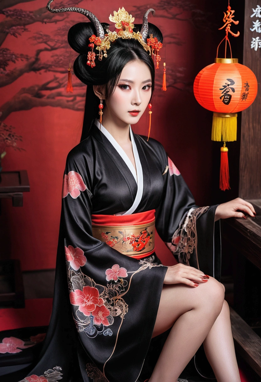 几个性感美艳的Demon Cult妖女完全堕落的形象。Wearing sexy Hanfu。Full body image with black as the main color。Make the characters more fleshed out。Want sexy Hanfu full body portrait of Chinese ancient costume fairy elements real photography style,Xianxia scene。Emphasis on real-life photography style。Based on real actors。The scene can be a palace,Demon Cult,battlefield。Restaurant。Costume matching。To look voluptuous, sexy, mysterious and decadent。To let people know at a glance that these people are bad women and villains。Is decadent and corrupt,只知享受醉生梦死的Demon Cult妖女。Makeup should be charming。Snake tattoos or skull tattoos can be added to the exposed skin appropriately.。The background can be designed with some flashy, extravagant and decadent atmosphere。The generated work requires the whole body to be perfectly reflected from hair to toes。Note that there should be at least two characters in the group portrait。