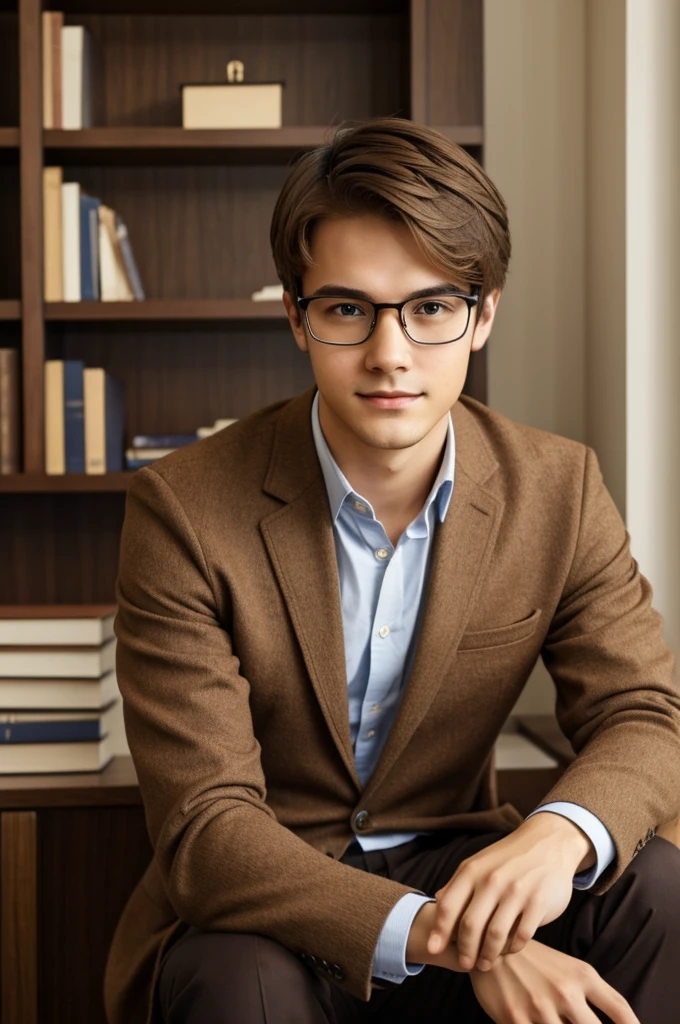 Show me attractive young man. He study maths and he looks really intelligent. He wears glasses. He has deeply brown eyes and light brown hair. His outfit is old money style. 