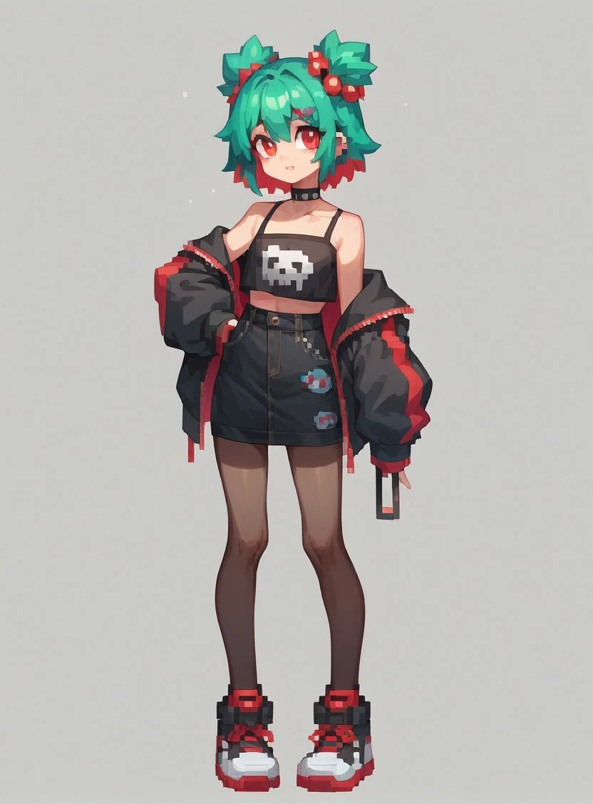 Full body girl with cute rocker style red and black clothes. Pixelated style but you can see the character