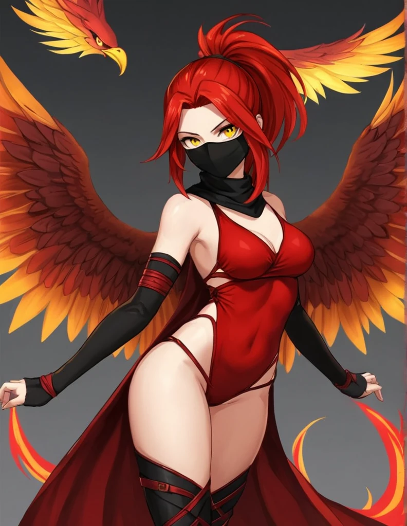 Create a redhead girl for DND who is an assassin,yellow eyes thong, Yes, the clothing is red and black like a ninja.. Plus, my hair is in a ponytail and a mask..And red wings like phoenix and eagle 