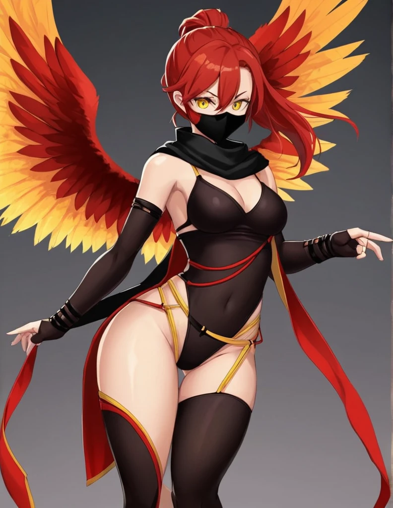 Create a redhead girl for DND who is an assassin,yellow eyes thong, Yes, the clothing is red and black like a ninja.. Plus, my hair is in a ponytail and a mask..And red wings like phoenix and eagle 