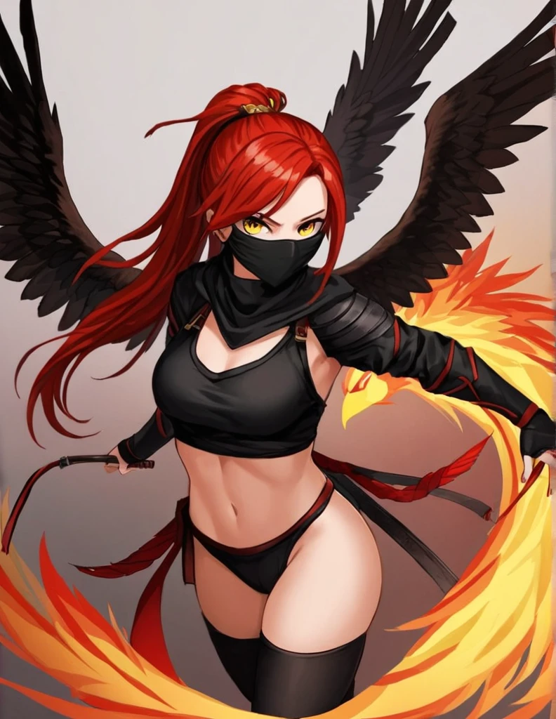 Create a redhead girl for DND who is an assassin,yellow eyes thong, Yes, the clothing is red and black like a ninja.. Plus, my hair is in a ponytail and a mask..And red wings like phoenix and eagle 