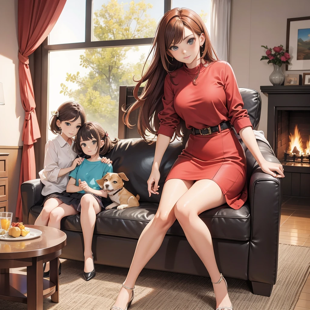 (Masterpiece), (4k), )vivid colors), (evening light) Woman of 40 with brown hair with red highlights dressed as a successful MILF businesswoman with a pose and seductive look, accompanied by her 2 daughters, , blonde with a floral dress with small breasts, and the other, 16 years oldair and medium breasts, in a low-cut top and a short skirt in the living room of her house.
