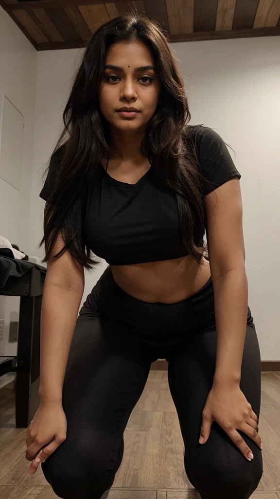 short indian brown woman with long hair, skinny, small perfect breasts, big hip, big ass, thick curvy, woman wearing black t shirt and leggings, squatting pose, side pose, sexy face, detailed.
