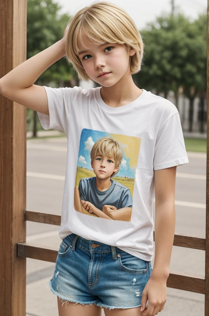 ((best quality)), ((masterpiece)), (detailed), 1boy, t-shirt, shorts, blonde_hair, brown_eyes, short, boyish, round_face, flushed_cheeks, painted, clothed