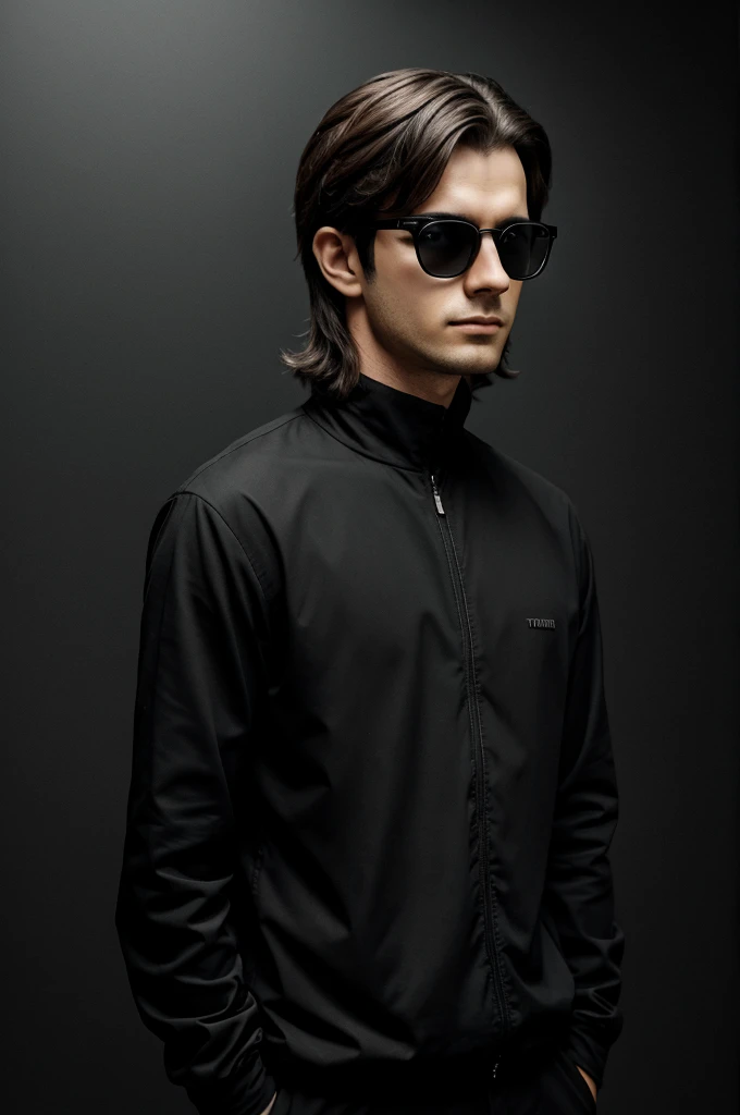 Trunsk in black clothes and dark glasses on a black and broken background