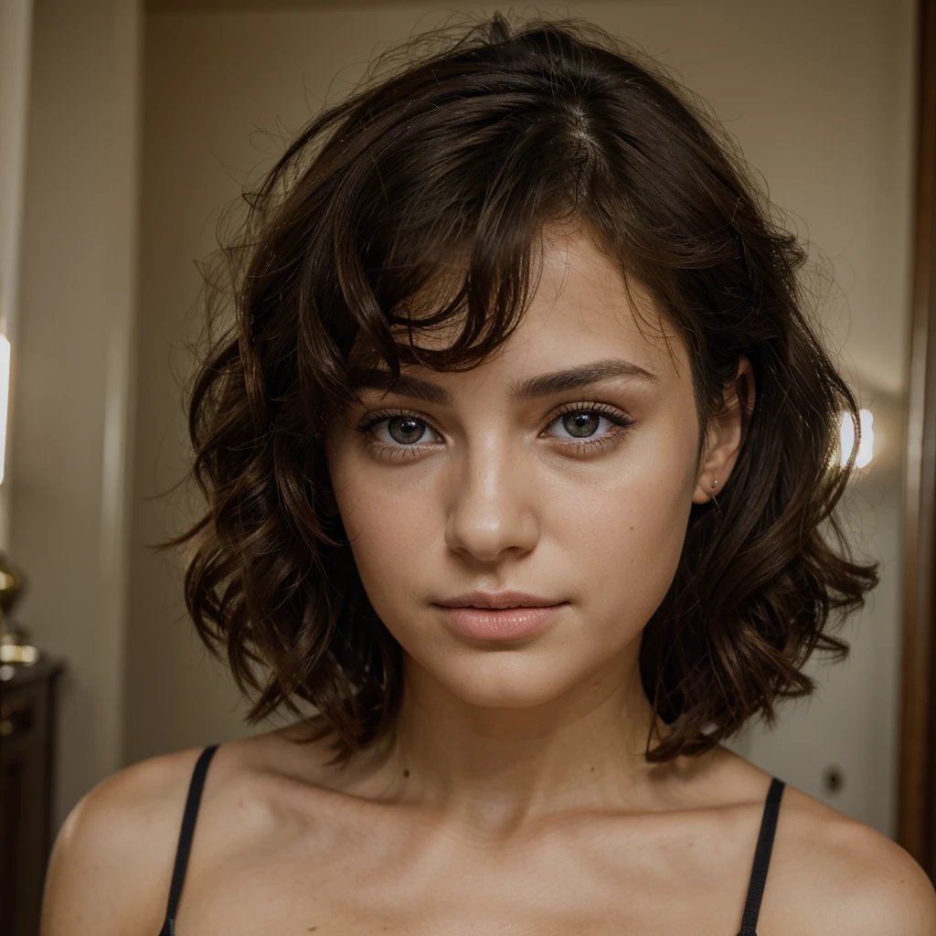 ultra realist portrait of a brunette woman, no makeup, light eyes, European, curly hair