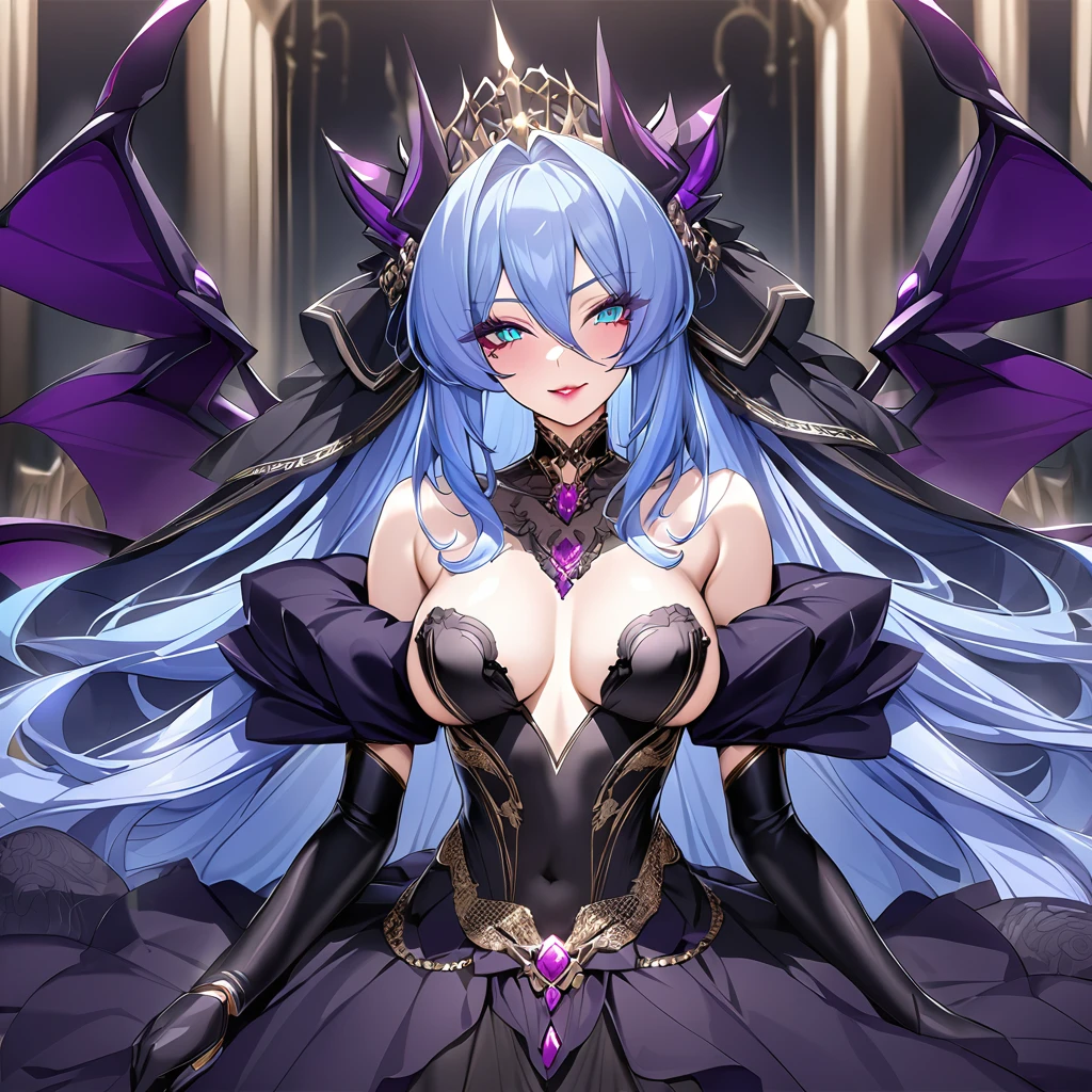 ((Highest quality)), ((masterpiece)), (detailed), （Perfect Face）、The woman is a beautiful demon and the queen of evil, Devil Extia, with medium-long blue hair, wearing a luxurious black wedding dress with gold embroidery and trim, a black wedding veil, an engagement ring, luxurious accessories, lipstick and makeup, and an elegant and beautiful demon queen.