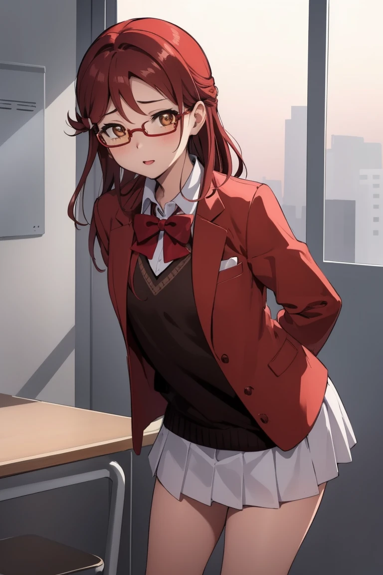 Rikosakurauchi, Riko Sakurauchi, (Brown eyes:1.5), hair between the eyes, wide, (Red hair:1.5), (Little mom:1.2), 
BREAK glasses, high advanced breeding , Jacket de sport, red Jacket de sport, bow, bowtie, collar shirt, Jacket, long sleeves, pleated skirt, white panties,
REST looking at the viewer, standing,(from below:1.2), (Leaning forward:1.2), (arms behind the back:1.2),
break inside, classroom, 
BREAK (Masterpiece:1.2), Best Quality, high resolution, unity wallpaper 8k, NSFW,(illustration:0.8), (Beautiful detailed eyes:1.6), extremely detailed face, perfect lighting, Extremely detailed CG, (perfect hands, perfect anatomy),