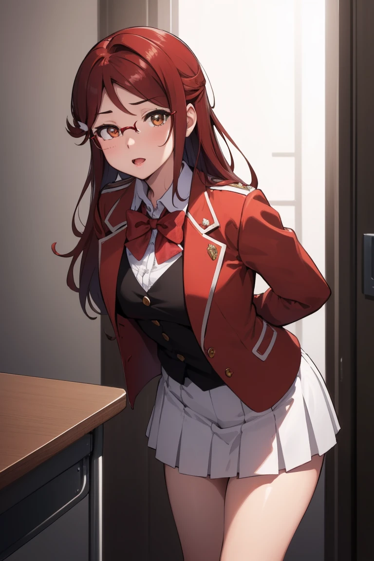 Rikosakurauchi, Riko Sakurauchi, (Brown eyes:1.5), hair between the eyes, wide, (Red hair:1.5), (Little mom:1.2),
BREAK glasses, high advanced breeding , Jacket de sport, red Jacket de sport, bow, bowtie, collar shirt, Jacket, long sleeves, pleated skirt, white panties,
REST looking at the viewer, standing,(from below:1.2), (Leaning forward:1.2), (arms behind the back:1.2),
break inside, classroom,
BREAK (Masterpiece:1.2), Best Quality, high resolution, unity wallpaper 8k, NSFW,(illustration:0.8), (Beautiful detailed eyes:1.6), extremely detailed face, perfect lighting, Extremely detailed CG, (perfect hands, perfect anatomy),