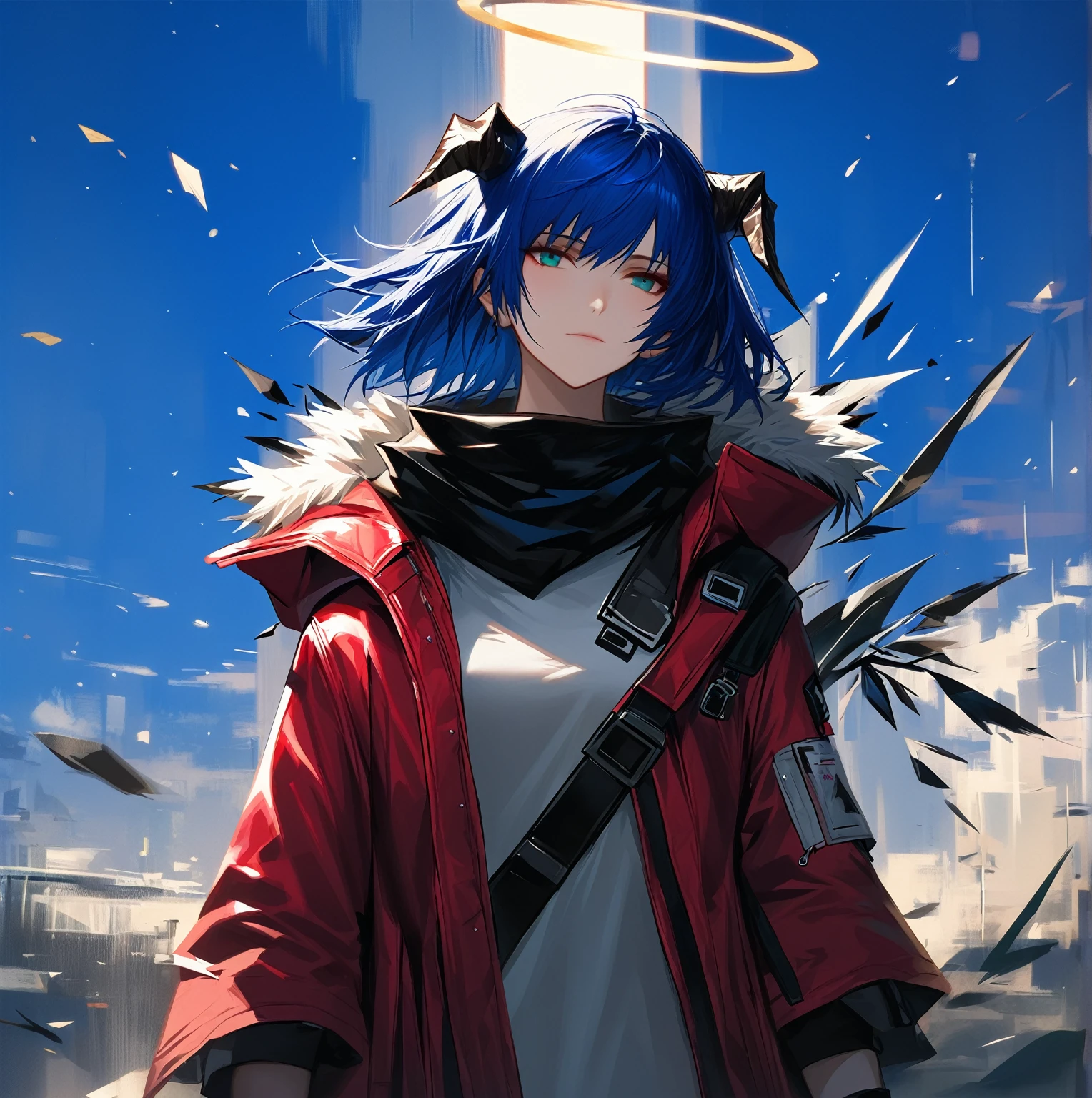(woman), ((Mostima from arknights)), masterpiece, best quality, blue hair, ((short hair)), horns, plain white shirt, red fullbody coat, dark blue eyes, realistic anime style, faint smile, ((portrait)), black gloves, carring a bag, halo.