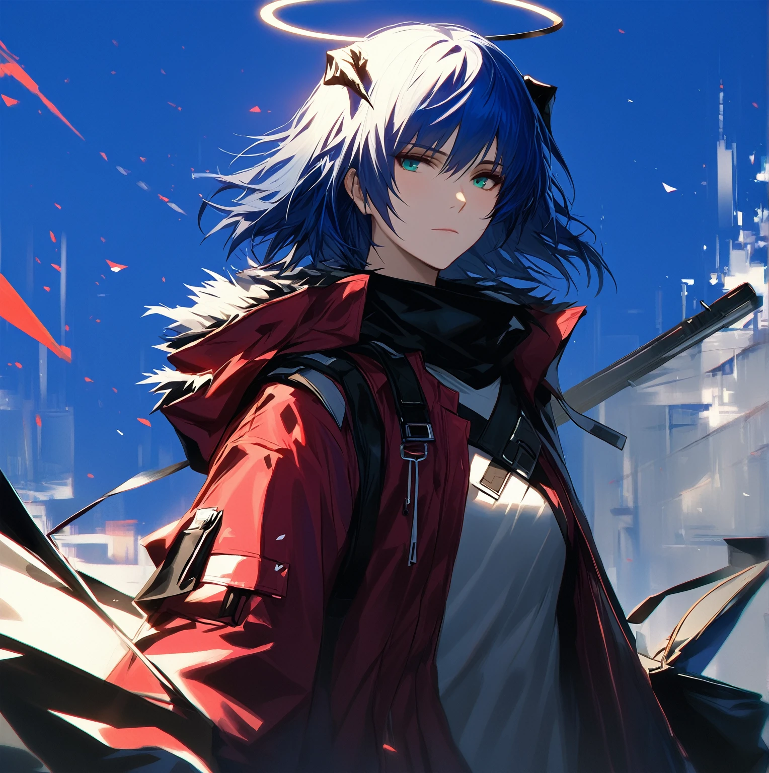 (woman), ((Mostima from arknights)), masterpiece, best quality, blue hair, ((short hair)), horns, plain white shirt, red fullbody coat, dark blue eyes, realistic anime style, faint smile, ((portrait)), black gloves, carring a bag, halo.