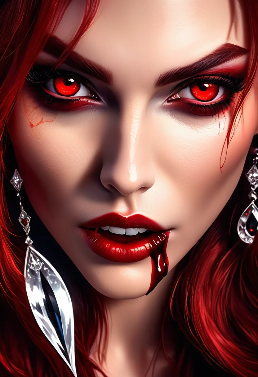 aa portrait of vampire with a bloody tear coming down from he eye, an exotic beautiful female vampire, red hair color, dynamic hair style, ultra detailed face, best detailed face, silver eye color, ((1single red teardrop: 1.3)), ((tear drop made from blood)), ((teardrop coming down from the eye: 1.3)), small cleavage, wearing two black diamond earrings, Ultra-high resolution, High Contrast, (masterpiece:1.5), highest quality, Best aesthetics), 16K fantasy art, best details, best quality, highres, (ultra wide angle: 1.2), 16k, [ultra detailed], masterpiece, best quality, (extremely detailed), ladyshadow, magical sky, crying style, vampire teeth