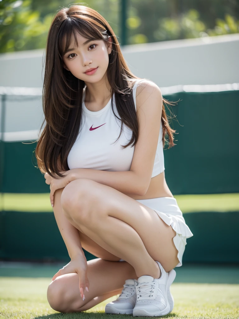 White tennis wear、tennis racket、Tennis ball、Tennis court、(Highest quality)、((Very detailed))、4K、(8k)、masterpiece、Very detailedな、Highest quality、Super Resolution、1 person、Kind Face、A little smile, Soft Light、RAW quality、Soft Skin、152cm、20-year-old girl、Cute type, Big Natural Color Lip， Squat with your legs apart, (Delusional dynamic sexy pose), (Perfect figure), Beautiful feet, Voluptuous thighs、Soft long hair, bangs, Brown Hair, 1 personの女の子, Highest Resolution, Big and cute eyes, A clear double, White pleated micro mini skirt, Voluptuous thighs, plump big breasts, I&#39;m a little sweaty, I can see your pants, Beautiful pussy line 