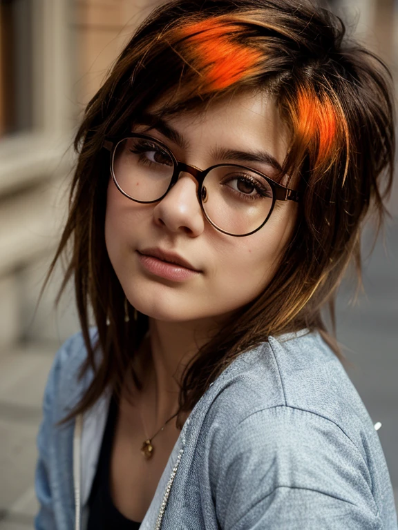 (masterpiece, Best quality:1.2), 1 young tomboy girl, 22, One, Russian chubby brown-eyed girl in glasses with aesthetic small breasts and beautiful erect nipples, Beautiful realistic eyes, round face, round cheeks, small round chin, wide cheekbones, beautiful proportional small wide nose, Plump lips, closed mouth, expressive brown eyes, long eyelashes, glasses with lenses, A little crazy look, sparkle in the eyes, spiky tousled dark brown tousled slightly wavy medium length shoulder length hair, hair combed into a mohawk, highlighting hair strands in fiery orange color, T-shirt, JEAN JACKET, beautiful muscular arms, Graceful fingers, velvety skin, photograph of the upper body from the waist up, high quality human skin textures, Beautiful face, Ideal Anatomy, realistic textures, realistic glasses with distorting lenses, medium shot, free pose, medium shot