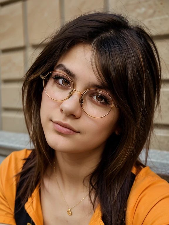 (masterpiece, Best quality:1.2), 1 young tomboy girl, 22, One, Russian chubby brown-eyed girl in glasses with aesthetic small breasts and beautiful erect nipples, Beautiful realistic eyes, round face, round cheeks, small round chin, wide cheekbones, beautiful proportional small wide nose, Plump lips, closed mouth, expressive brown eyes, long eyelashes, glasses with lenses, A little crazy look, sparkle in the eyes, spiky tousled dark brown tousled slightly wavy medium length shoulder length hair, hair combed into a mohawk, highlighting hair strands in fiery orange color, T-shirt, JEAN JACKET, beautiful muscular arms, Graceful fingers, velvety skin, photograph of the upper body from the waist up, high quality human skin textures, Beautiful face, Ideal Anatomy, realistic textures, realistic glasses with distorting lenses, medium shot, free pose, medium shot