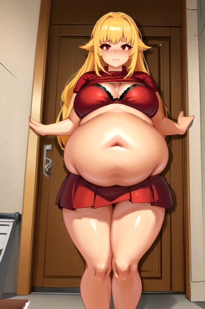 masterpiece, best quality, ultra-detailed, illustration, epic lighting, cinematic composition, isometric, 1girl, red eyes, long blonde hair, red_bra, red_shirt_skirt, standing in the doorway, leans on the doorway, won't fit through the doorwaylarge_chest, close to the viewer, looking at the viewer, fat belly, fat body, big fat thighs, fat rounded hips, massive belly, fattening girl, fatty, (big belly:1.4), (massive belly:1.4) won't fit through the doorway, she stuck in the doorway, shy tryied crawl through, embarrassed