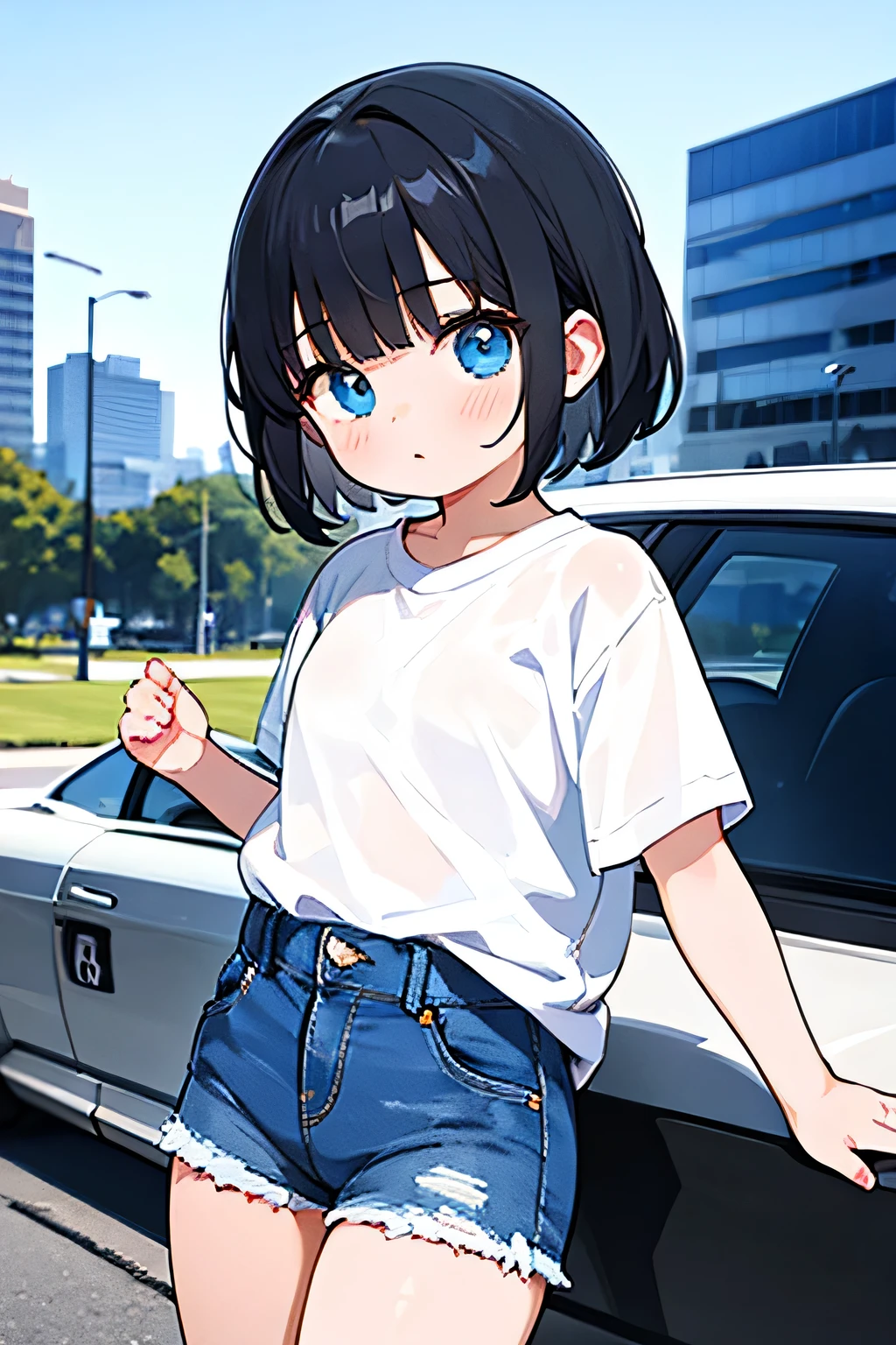 1girl, short black hair, blue eyes, wearing plain white shirt, denim shorts, city, absurdres, high res, ultrasharp, 8K, masterpiece, looking at viewer