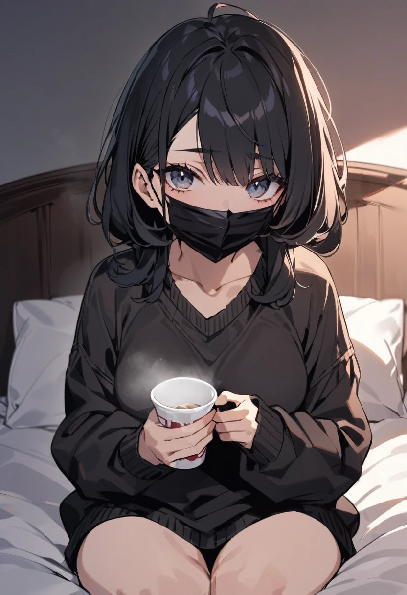black hair, big black sweater, The F cup bust, black facemask in face, sitting on bed, staring at camera, 22 years old, sweater over her arms