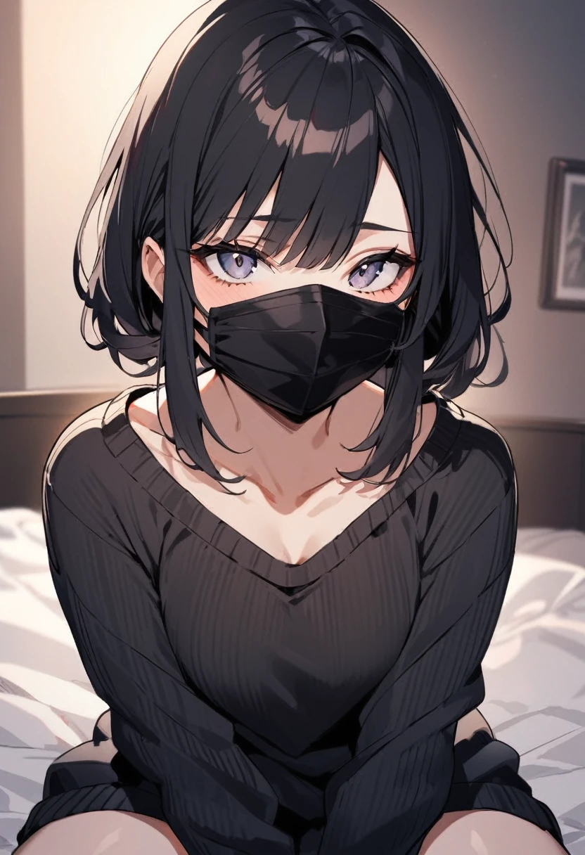 black hair, big black sweater, The F cup bust, black facemask in face, sitting on bed, staring at camera, 22 years old, sweater over her arms