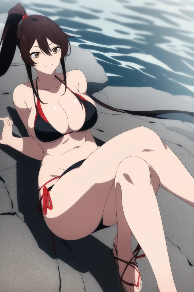 (masterpiece), (best quality), asaemon_sagiri, 1girl, solo, long_hair, black_hair, hair_between_eyes, brown_eyes, ponytail, sidelocks, high_ponytail, breasts, looking_at_viewer, blushed smile, large_breasts, cleavage, bare_shoulders, sitting, sitting on rock, collarbone, crossed_legs, black underwear, from_below, breasts, large breasts, big breasts, huge breasts, big tits, giant breasts, small bikini, bikini, white bikini, bare shoulders, bare arms, beach, ocean, underboob, island background
