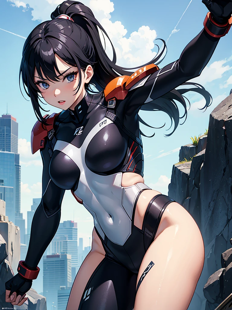 Sexy Cyborg Suit、、beautiful girl、ponytail、Black Hair、fight、White beam