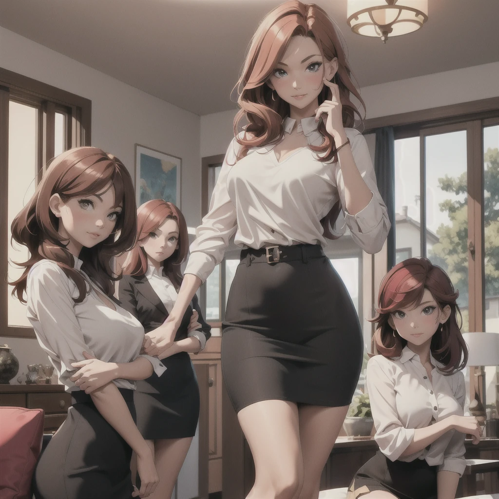 (Masterpiece), (4k), )vivid colors), (evening light) Woman of 40 with brown hair with red highlights dressed as a successful MILF businesswoman with a pose and seductive look, accompanied by her 2 daughters, , blonde with a floral dress with small breasts, and the other, 16 years oldair and medium breasts, in a low-cut top and a short skirt in the living room of her house.