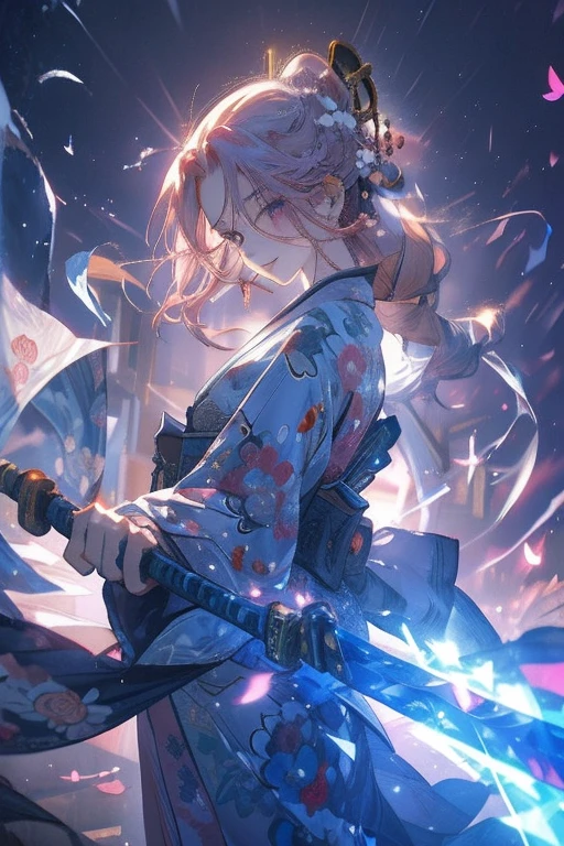 Perfect face. Perfect hands. A pink haired woman with violet eyes and an hourglass figure in a kimono is spinning her scythe in a shrine with an eager grin in a flurry of peony petals