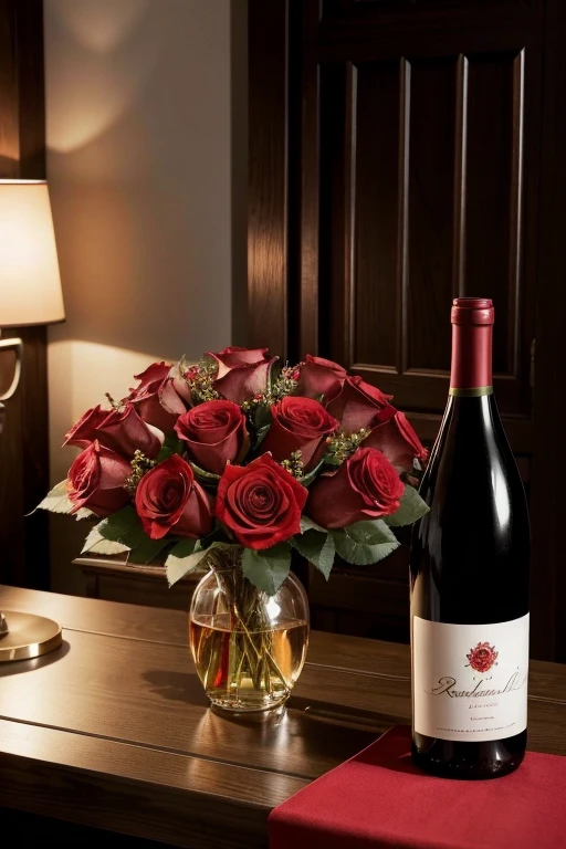 01 beautiful bouquet of red roses and a bottle of wine next to it, romantic atmosphere