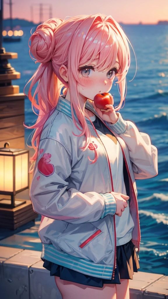 ear blush, full blush, Draw a clear face, Sea-view harbor, Eat an apple, Embarrassed face, Blushing, gradient hair, crystal hair, hair bun, Varsity jacket with koi embroidery, アニメ, cinematic lighting, uhd, highres, best quality, 8k