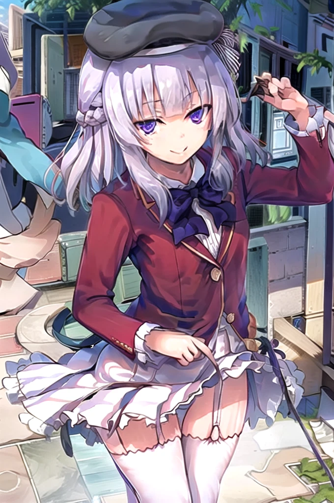 Masterpiece,Best Quality,very aesthetic,absurdities,high resolution,beautiful background,perfect anatomy,Perfect eyes,perfect and detailed face,1 girl,Alone, Sakayanagi, 1 girl, blunt bangs, by white, purple hair, purple eyes,killed, , Red jacket, collar shirt, bow tie, White skirt,white thighs,garter straps,garter belt,light smile,Upper part of the body,fountain_cheered up, screenshots,Leaning forward,put your index finger in your mouth,