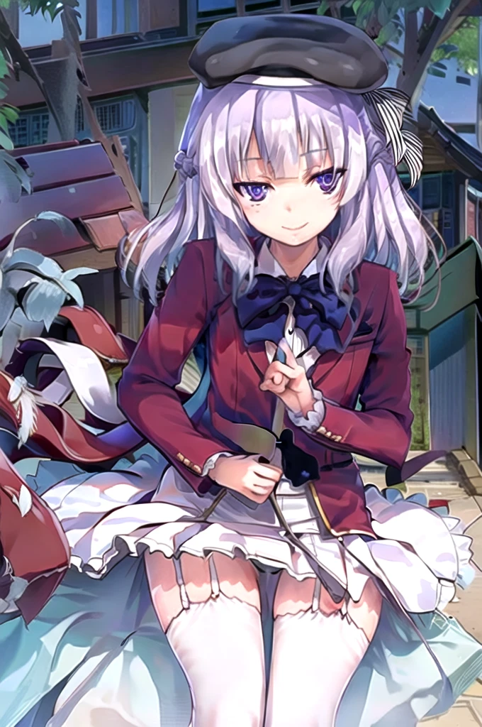 Masterpiece,Best Quality,very aesthetic,absurdities,high resolution,beautiful background,perfect anatomy,Perfect eyes,perfect and detailed face,1 girl,Alone, Sakayanagi, 1 girl, blunt bangs, by white, purple hair, purple eyes,killed, , Red jacket, collar shirt, bow tie, White skirt,white thighs,garter straps,garter belt,light smile,Upper part of the body,fountain_cheered up, screenshots,Leaning forward,put your index finger in your mouth,