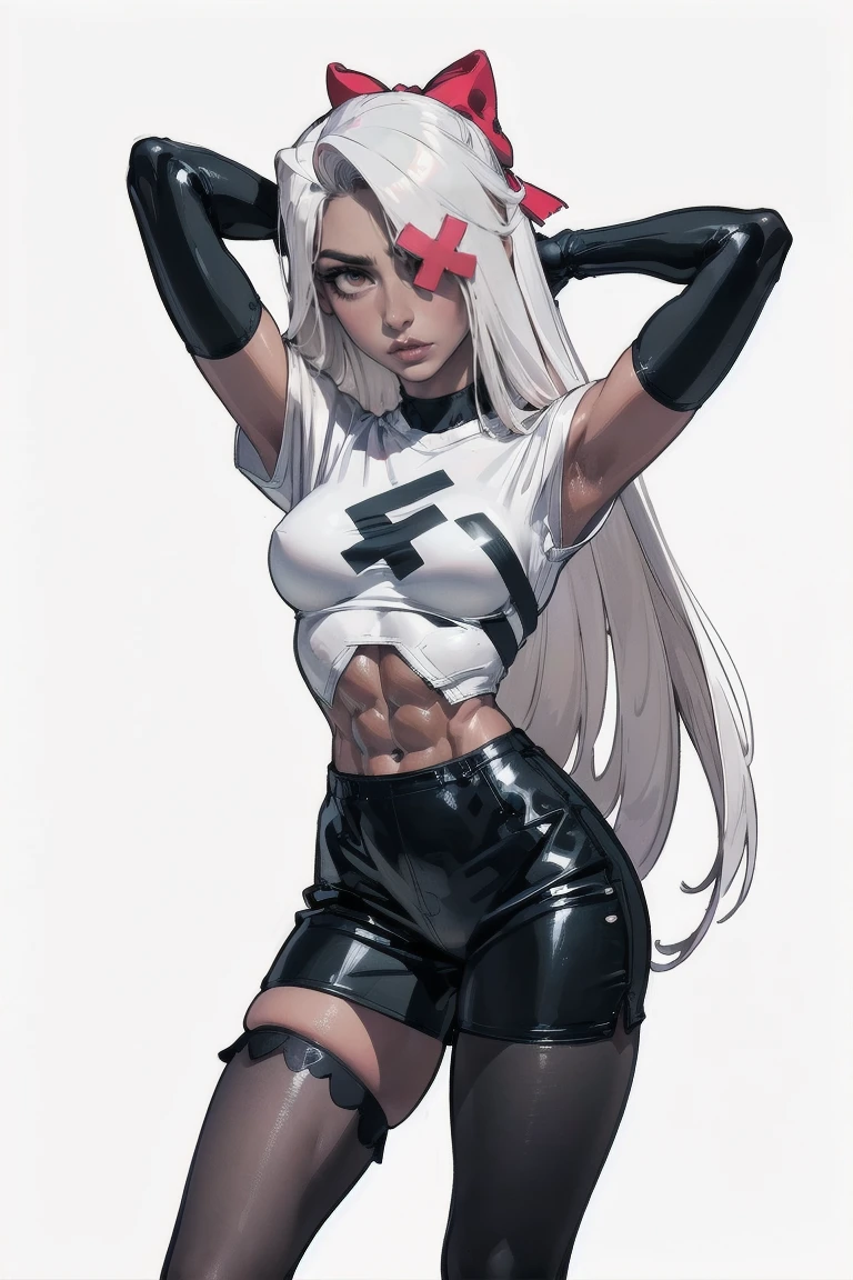 (Waggy:1.0), (Casual outfit, white top, very strong abs, medium breast, stockings, gloves:1.5), (pastel pink sclera, Black student, gray skin, White hair, long hair, bow:1.2), (White background:1.5), (realistic:1.2), (masterpiece:1.2), (full body shot:1),(cowboy shot:1.2), neon lighting, dark romantic lighting, (very detailed:1.2),(Detailed face:1.2), (gradients), colorful, detailed eyes, (detailed landscape:1.2), (daylight:1.2), (cute pose:1.2), (One, one man, 1 girl:1.5), standing, 