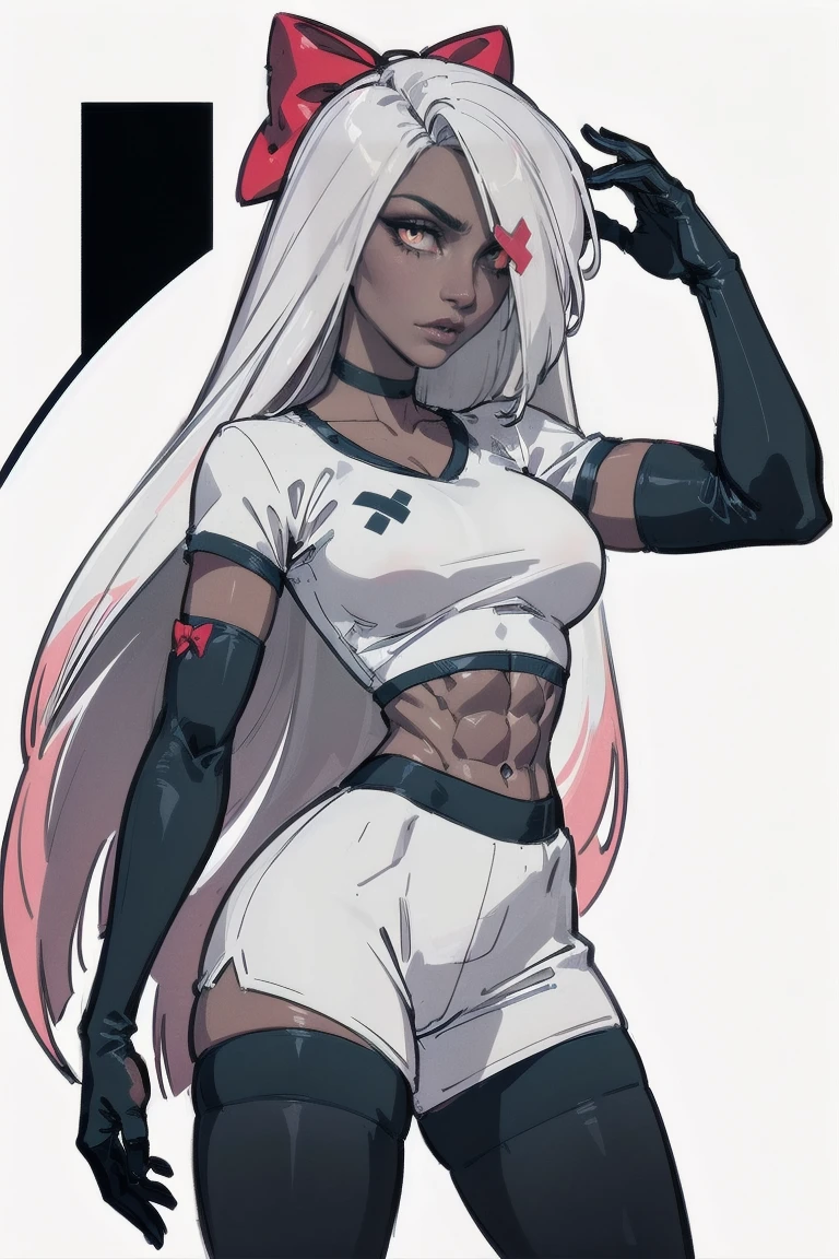 (Waggy:1.0), (Casual outfit, white top, very strong abs, medium breast, stockings, gloves:1.5), (pastel pink sclera, Black student, gray skin, White hair, long hair, bow:1.2), (White background:1.5), (realistic:1.2), (masterpiece:1.2), (full body shot:1),(cowboy shot:1.2), neon lighting, dark romantic lighting, (very detailed:1.2),(Detailed face:1.2), (gradients), colorful, detailed eyes, (detailed landscape:1.2), (daylight:1.2), (cute pose:1.2), (One, one man, 1 girl:1.5), standing, 