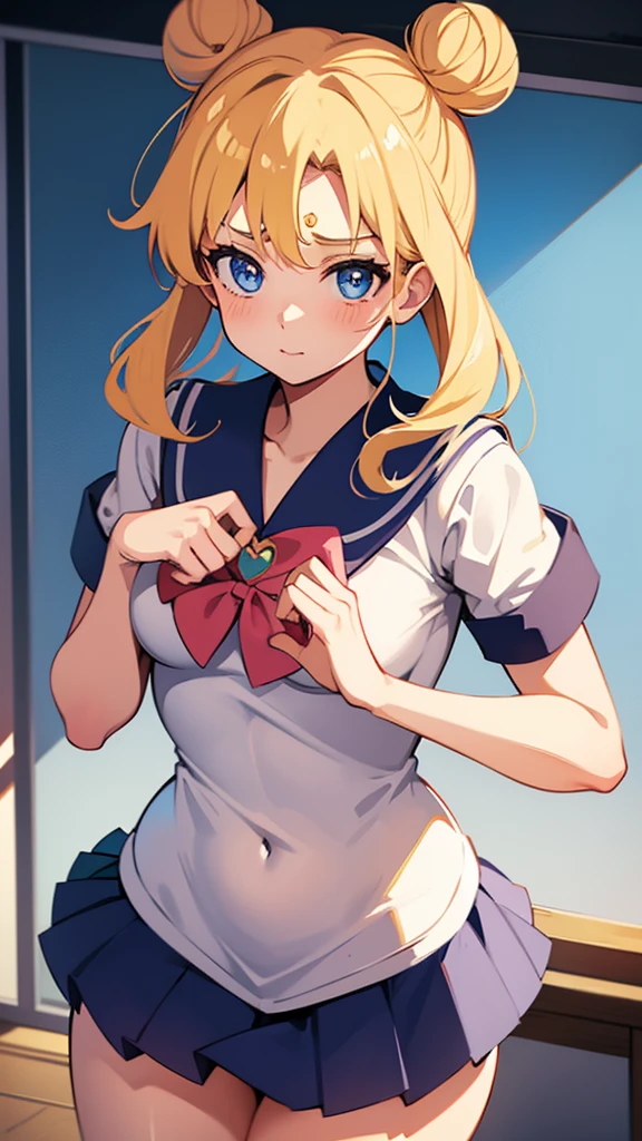Sailor moon sexy schoolgirl with blonde hair and blue eyes, two buns, heart shaped face in  outfit with a classroom in the background 
