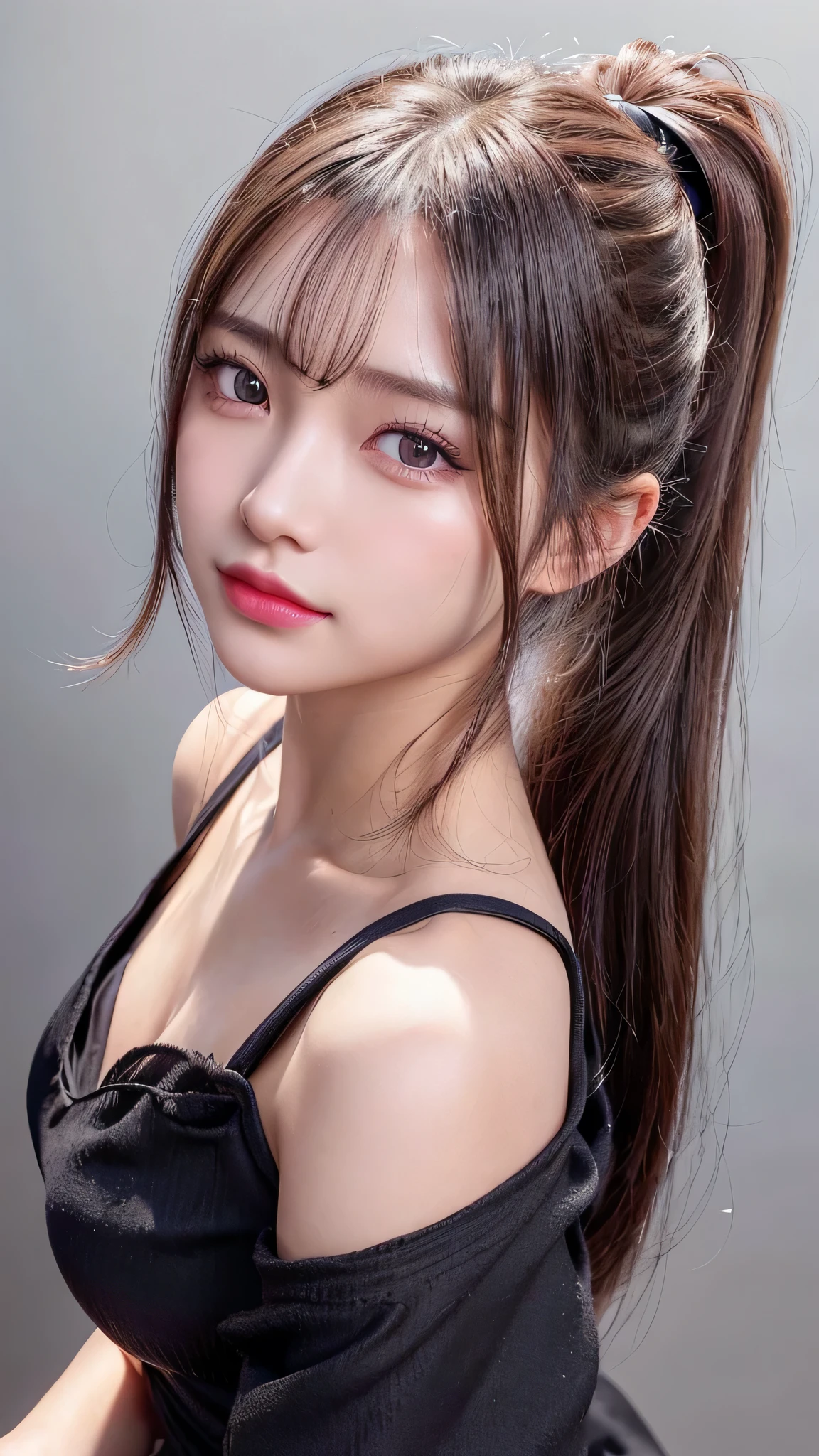 Lipstick in hand,Cosmetics commercial style,Commercial filming studio,close up face,Black Dresses,Ultra-detailed, finely detail, hight resolution, 8K Wallpaper, Perfect dynamic composition, Beautiful detailed eyes,,Close-up of face,,Blushing,Facing forward,Long hair ponytail,((8k, Raw photo, Best Quality, Mastepiece:1.2), (Realism, Photorealistic:1.4), (Highly detailed 8K wallpapers), Depth of written boundary, Cinematic Lighting, Soft Light, Detailed Beauty Eye,Shiny and smooth light brown ponytail, Asymmetrical bangs, Shiny skin, Ultra-detailed skins ,It is high resolution., High detail, Detailed hairstyle, Detailed facial beauty, Hyper-realistic, Perfect limbs, Perfect Anatomy ,1 Japanese girl,Famous Japanese Idols, Perfect female body,A shy smile,Short eyelashes,Double-edged eyelids,Look straight here,Hair style: ponytail,