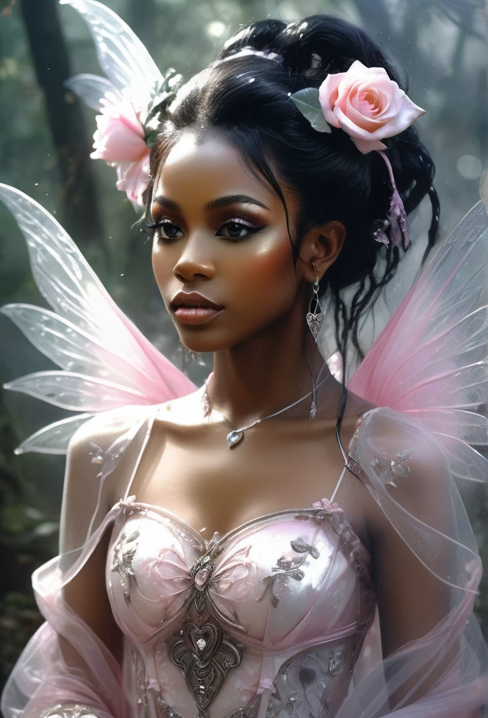 double exposure,A masterpiece,a black girl elf,(elf,ears)big translucent wings,very adorned hair and dress,(black skin)(full body) black goddess, sparkling roses surrounding her,mist forest,oil painting,by luis Royo, drawn pencil art, ultra detailed, lips ultra gloss, long. wavy hair, dressed long,transculent, dressing, pink cup, bacground vintage, perfect hands, hearts, rose,   filigree, glowing, shadowy, ultra quality, 3d, spoked hairstyle