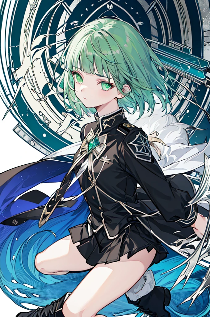 [(with a cathedral background:1.4)::5],original,(shape:1.1),(highest quality),(Tabletop:1.1),(Highly detailed CG Unity 8k wallpaper:1.1), (colorful:0.9),(Mid Shot:0.95),(very detailed beautiful whole body),Dynamic Angle,(alone:1.2), (girl),(((Adult))), (Beautiful eyes in every detail:1.15), (Beautiful Face:1.15), (Glowing green eyes:1.25////),(Gemstone Eyes),(Green Short Hair),(Blunt bangs),((The girl wear a black knight uniform)),Realistic,, girl,Green Hair,((Black long boots)), Black mini skirt,Black knee socks(rage),(Contempt and contempt),rage,(beautiful slender girl),((Adult)),((upper body)),Valkyrie, Decorations,((Thin legs)),((slender girl)),Front Angle,Front Angle,