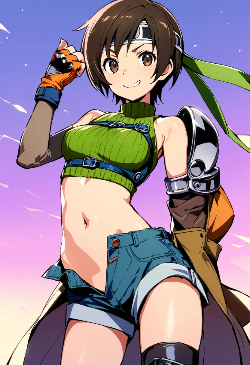 score_9, score_8_up, score_7_up,,BREAK , from front,navel below view.,mediumshot,.,looking_at_viewer,1girl, yuffie kisaragi, final fantasy, short hair,headband,navel,sleeveless,turtleneck,brown eyes,sleeveless turtleneck,solo,breasts,looking at viewer,smile,gloves,crop top,brown hair,shorts,midriff,,sweater,open fly,fingerless gloves,ribbed sweater,medium breasts,,smile,smug,best quality,aesthetic,very aesthetic,masterpiece,(high-resolution), 