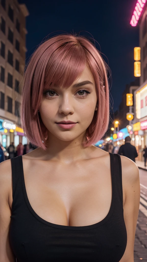 23yo woman, brown eyes, pink hair, bob haircut, regular photo, 8k, night photo, lights, on the street, selfie, big tits, black dress, woman is far from the camera