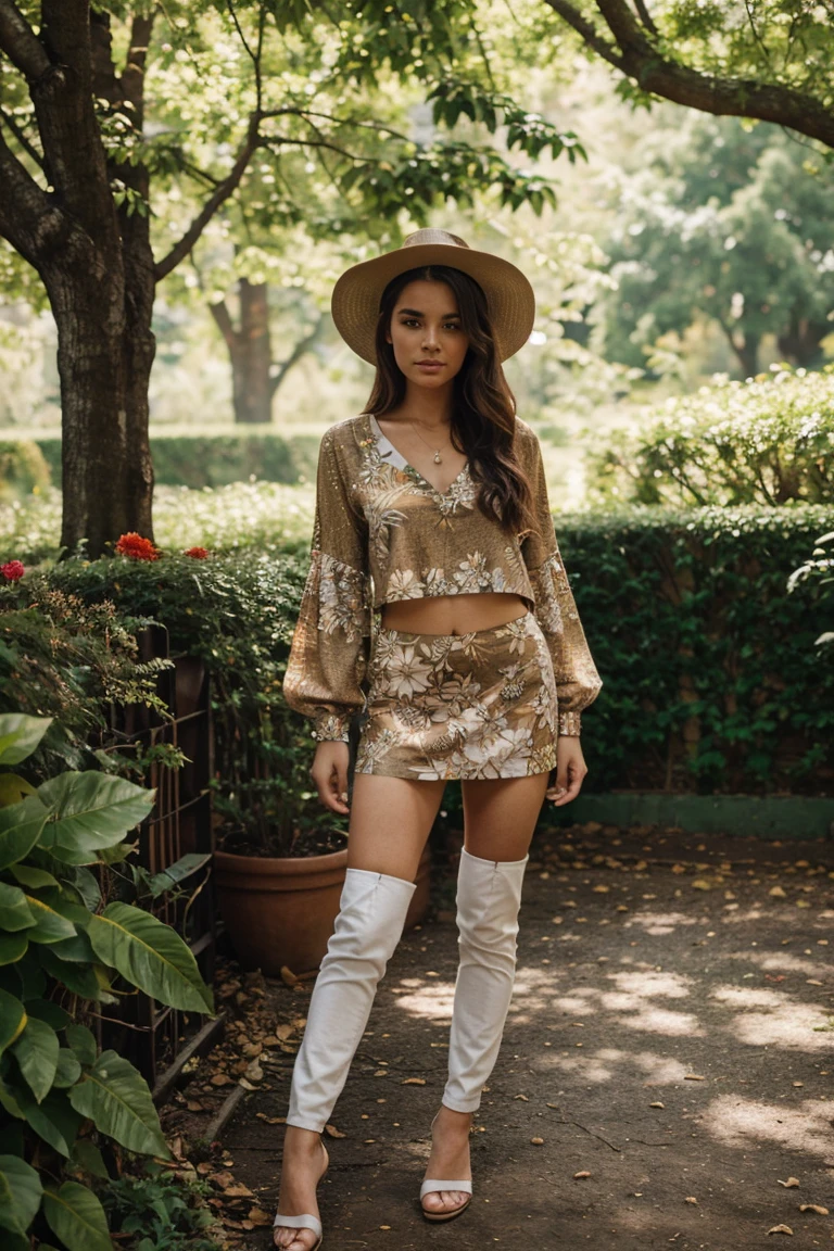 Woman wearing an outfit only made of leaves and vibrant flowers