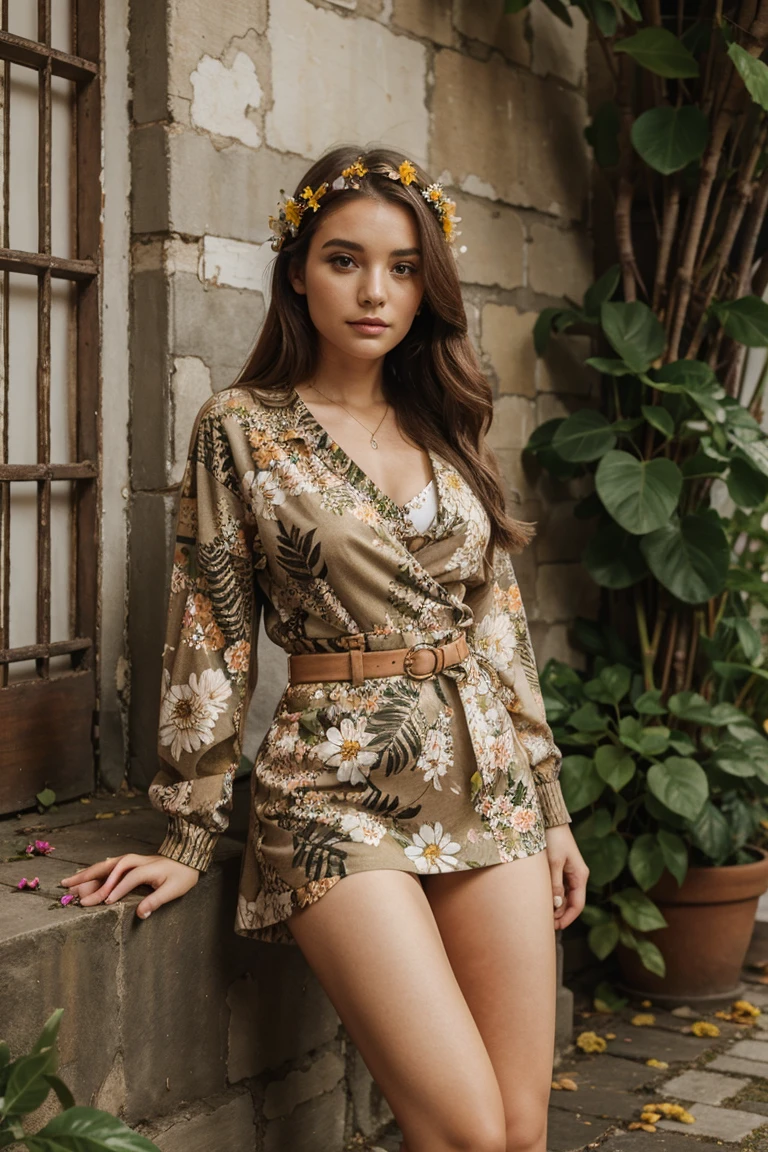 Woman wearing an outfit only made of leaves and vibrant flowers