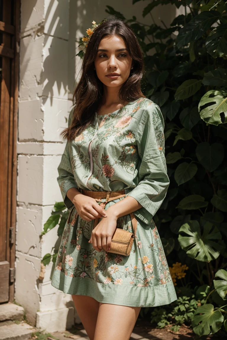 Woman wearing an outfit only made of leaves and vibrant flowers