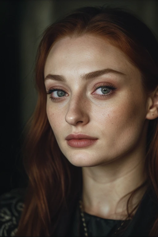 (Close-up, editorial photography of a 35 year old woman), Face of Sophie Turner, as Sansa Stark, The Most beautiful lady in the earth, (Highly detailed face:1.4) (smiling:0.7) (background in dark, Moody, private study:1.3) Pov, Directed by: Lee Jeffries, Nikon D850 | , film stock photography , 4 Kodak Portra 400 , camera f1.6 lenses , rich colors , hyper realistic , realistic texture, dramatic lighting , cinestill 800,