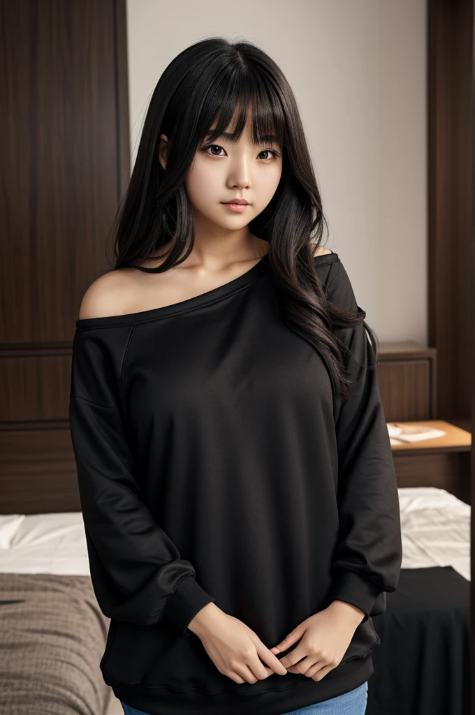 anime girl, chubby body, king, chinese dark brown shoulder length hair, dark eyes, dressed in a black sweatshirt and a black long-sleeved blouse