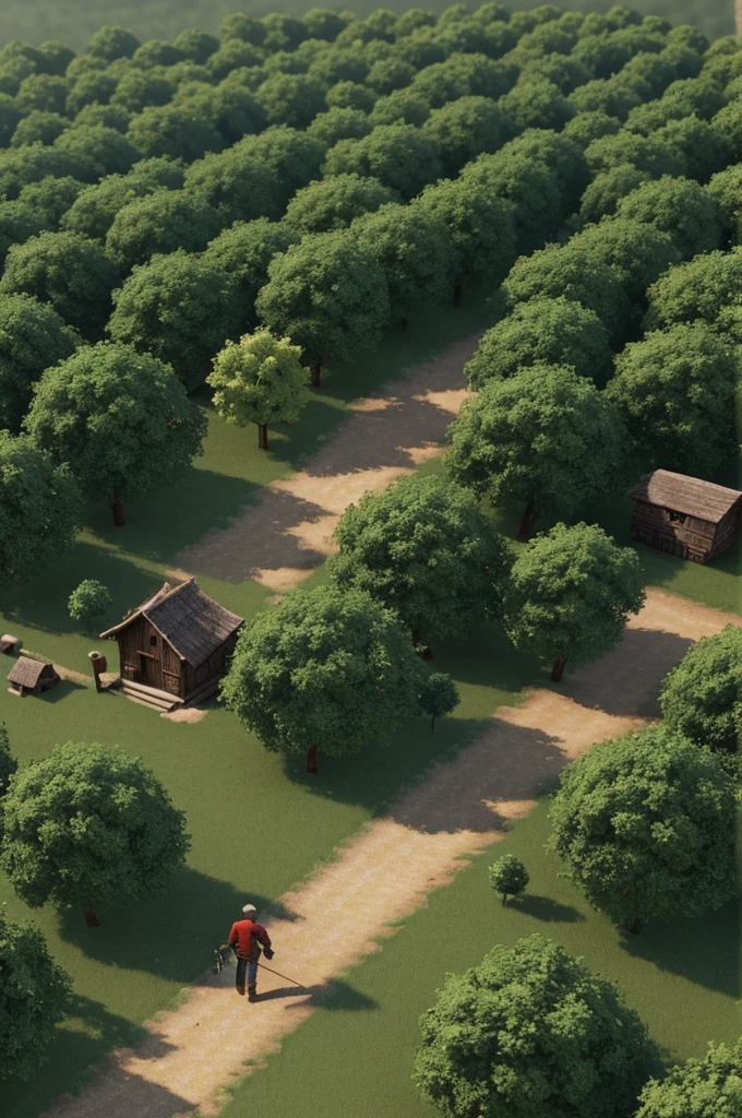 A simple village with a humble woodcutter 3d immage of carrying an axe, walking through the forest.
